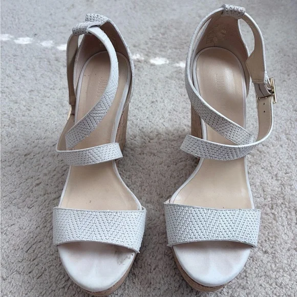 Jimmy Choo White Woven Leather Portia Cork Wedge Platform Sandals Sz 38.5 US 8.5 - Picture 2 of 11